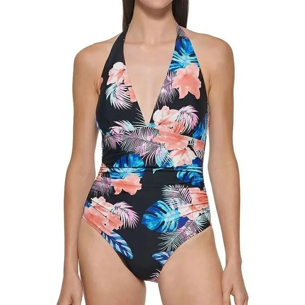 DKNY Women’s Size Large One Piece Tummy Control Halter Swimsuit Black Floral - Picture 1 of 7